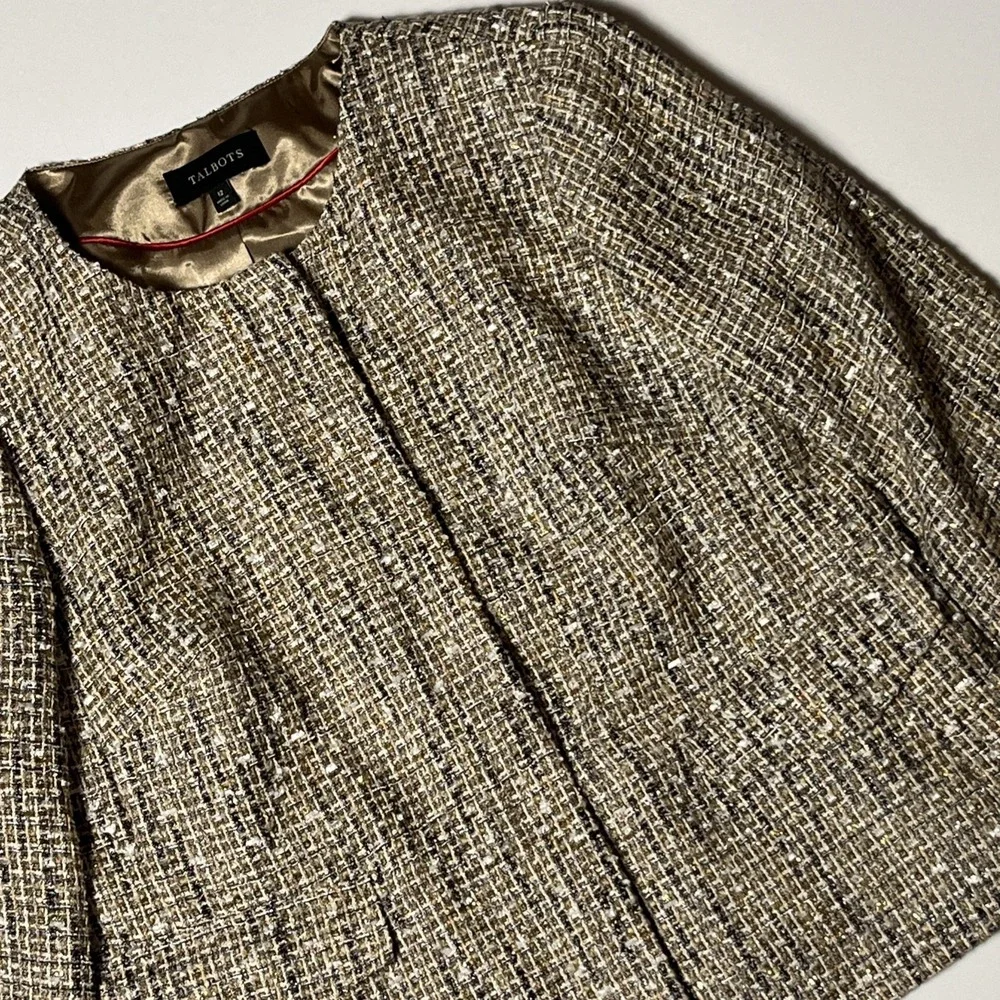 Talbots Tweed Jacket Size 12 Brown & Metallic Woven Full Zip Lined Career Blazer
